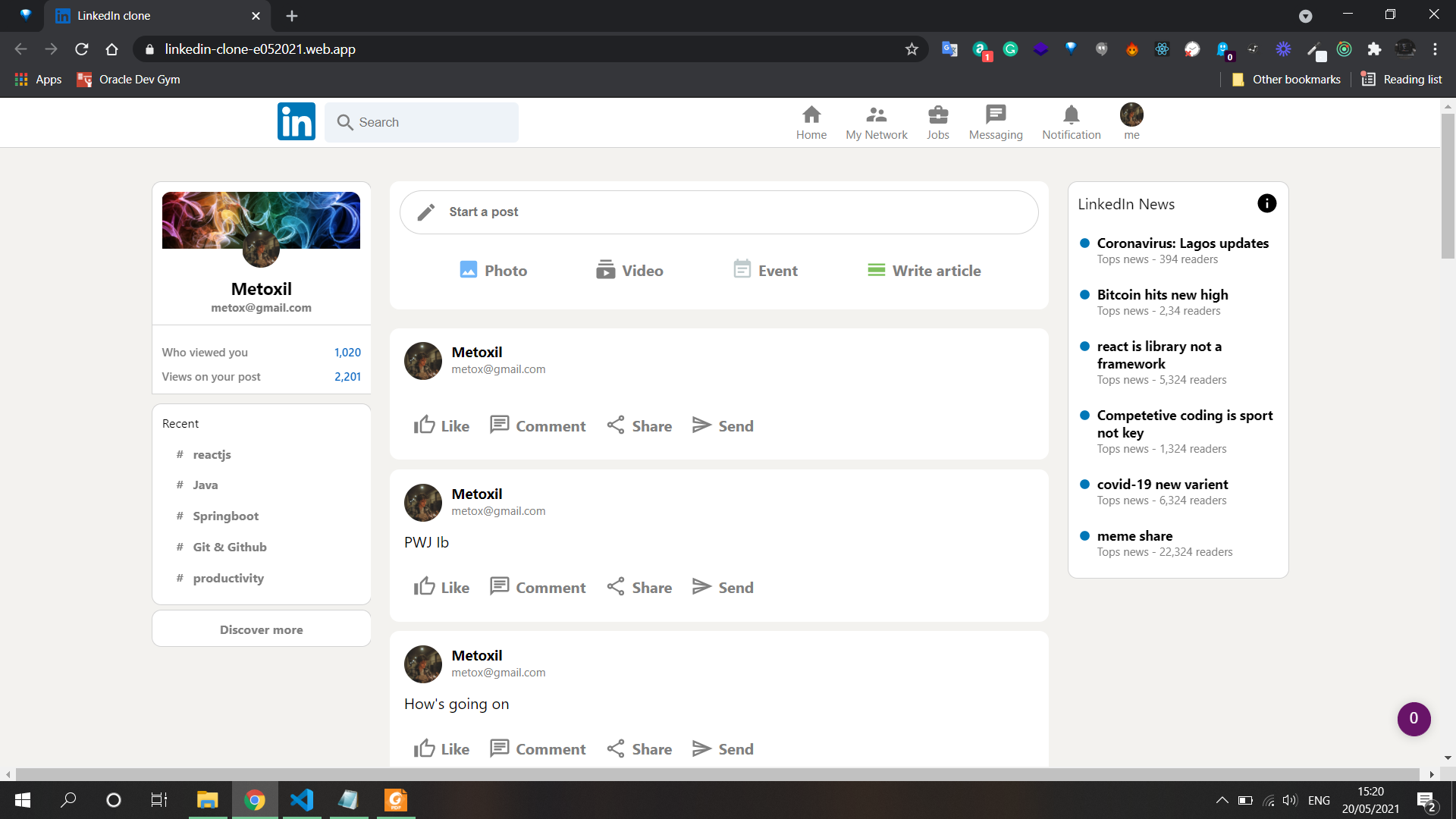 LinkedIn Clone (React JS, Redux, Firebase-auth,db)